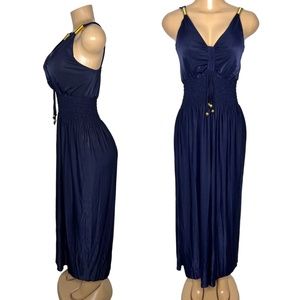 Size L Women's Maxi Long Dress V-Neck Solid Elegant Navy Blue Stretchy Dress